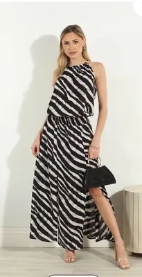 Veronicam Stripe Maxi Dress Chiffon Double Front Slit Black White New Nwt • $65