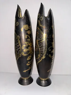 Pair Of Vintage Asian Enameled Engraved Fish Form Brass Vases Circa 1970 • $14.99