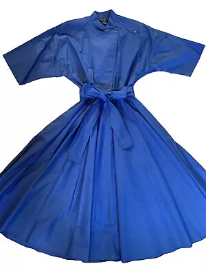 Vtg 80s Full Circle Skirt Dress Sz 5/6 (25”)50s Rockabilly Mod Tie Off Blue NICE • £38.95