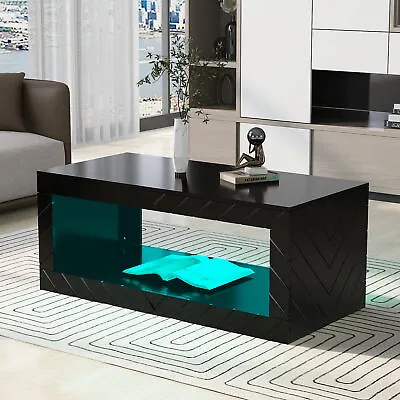 Modern High Gloss Coffee Table With LED Lights Center Cocktail Table Living Room • $138.99