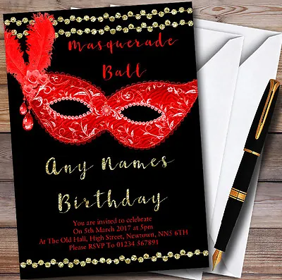 Red & Gold Masquerade Ball Personalised Party Invitations • £89.95