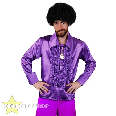 £12.99 • Buy Mens Purple 1970's Disco Ruffle Shirts Adults Fancy Dress Costume 70s Frilly Top