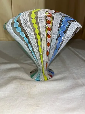 Italian Latticino Ribbon Art Glass Fan Vase-Pastel Hues-Venetian-MCM • $165