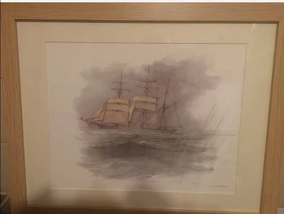 £60 • Buy Vintage Framed Signed Print Of A Ship By Danish Artist Mads Stage