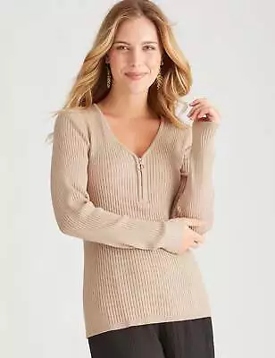 ROCKMANS - Womens Tops -  Long Sleeve Zipped Neck Rib Knitwear Top • $13.49