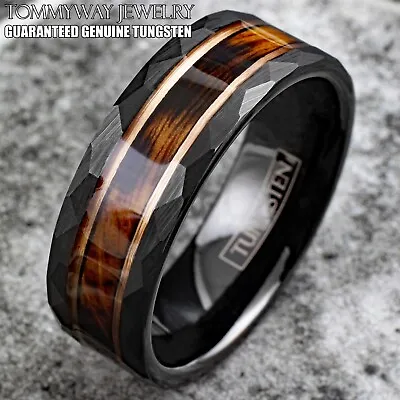 Black Tungsten Men's Ring Charred Whiskey Barrel Rose Gold Plated Wedding Band • $23.99