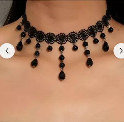 Gothic Lace Retro Choker Necklace Black Beads Pendant Chocker Chain Jewellery • £5.99