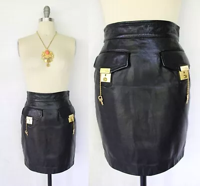 Vintage 80s Moschino Cheap And Chic Black Leather Pencil Dress Skirt Lock Key S • $235