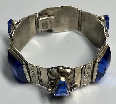 Vintage Taxco 925 Sterling Silver Aztec Carved Blue Glass Panel Story Bracelet • $159.24