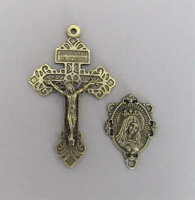 2pc Rosary CENTER & CRUCIFIX Pardon Rosary ITALY Centerpiece L118 Finish Bronze • $4.49