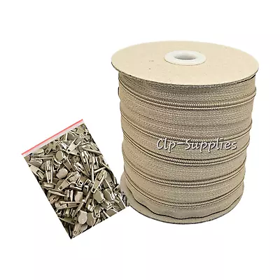 Beige No3 Nylon Continuous Zip  Chain And Auto-lock Sliders Upholstery Cushions+ • £4.99