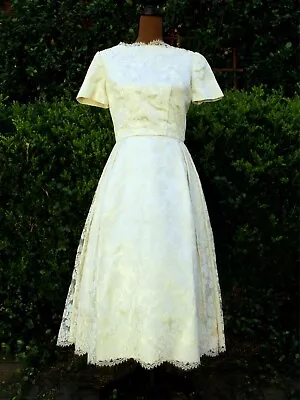 Vintage 1950s Wedding Dress White Satin & Lace Tea Length  • $100