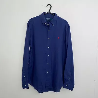 Polo Ralph Lauren Linen Shirt Long-Sleeve Mens Size M Navy Button-Up Summer. • £45.99
