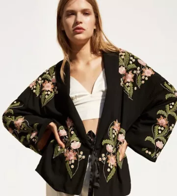 ZARA Black Embroidered Oriental Oversized Floral Kimono Jacket S-M UK 10-12 • $74.69