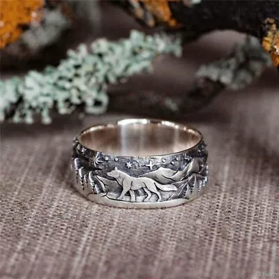 925 Silver Wolf Loyalty Women Men Couple Ring Wedding Party Jewelry Size 5-13 • £4.10