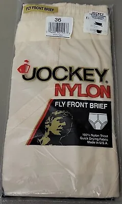 JOCKEY Vintage Brief Size 36 Nylon Tricot Y FRONT Fly Beige NOS 1992 Made In USA • $29.95