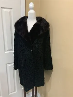 Vintage 1940s  Black Persian Lamb Coat  With  Brown Mink Colar Size Large • $159