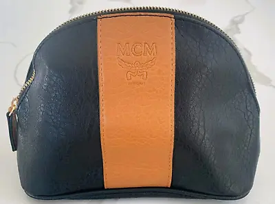 MCM Embossed Logo Faux Leather Clutch Cosmetic Pouch Bag Black & Cognac NWT • $52.90