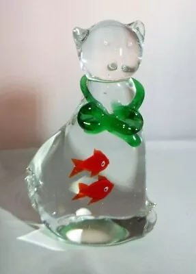Hand Blown Art Glass 5” Cat Figurine Statue TWO Gold Fish In Belly. Murano? • $19.95