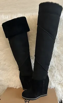 Ugg Classic Mondri Over The Knee Tall Black Suede 4  Wedge Boots Us Women Size 6 • $239