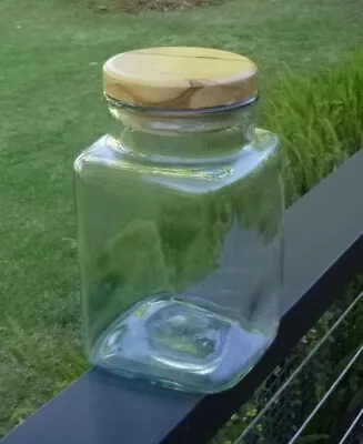 Vintage Large Depression Glass Square Storage Canister Jar W Seal & Timber Lid • $20