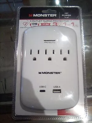 Monster Just Power It Up 1200 J 0 Ft. L 3 Outlets Surge Protector Wal -Pack Of 1 • $25