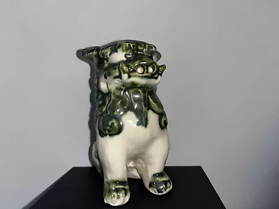 Vintage Foo Dog Lion Ceramic Figurine Green Drip Glaze Over White • $9