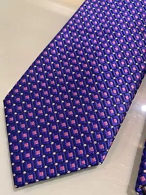 DEHAVILLAND Blue Silk Tie With Pink And White Diamonds And Squares L60” W3” • £6