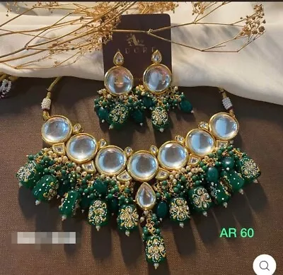 Bollywood Style Indian Gold Plated Choker Necklace Green Emerald Jewelry Set • $29.32