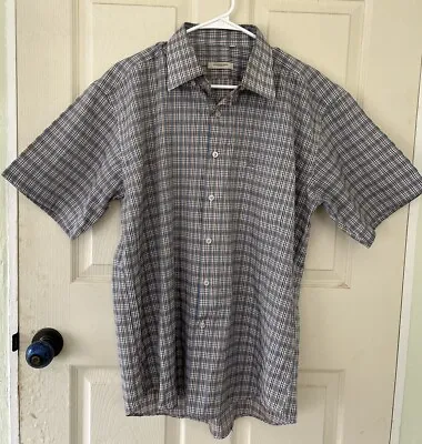 Vintage Burberry London Button Down Shirt Mens Short Sleeve Gray/ Blue 18/35-36 • $48