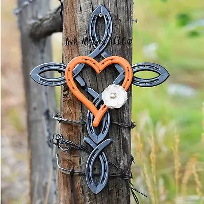 Natural Horsehsoe Cross With Heart Metal Wall Art Horseshoe Cross Outdoor Decor- • $15.68