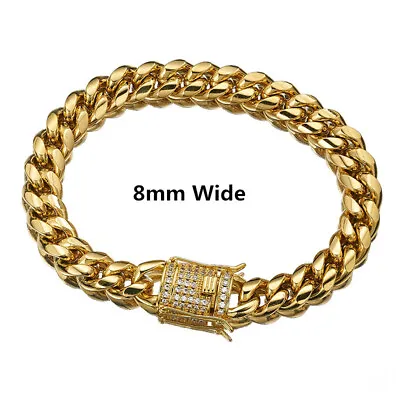 Men's Gold Plated Stainless Steel Curb Cuban Link Miami Chain CZ Bracelet • $10.92