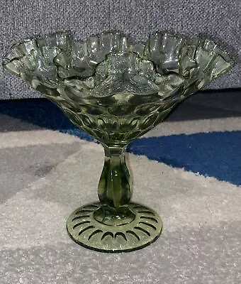 Vintage Fenton Olive Green Ruffle Thumbprint Pattern Compote Candy Dish 7.5  • $40