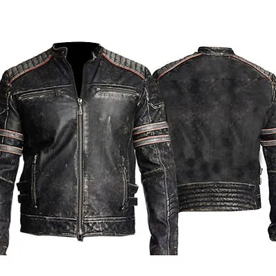 Men Biker Vintage Motorcycle Distressed Moto Black Retro Leather Jacket - FP • $99.99