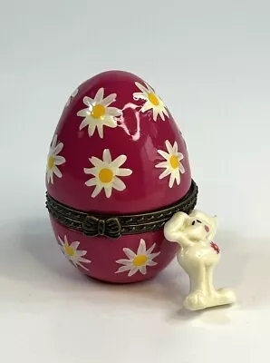 Porcelain Hinged Trinket Box Easter Egg Pink With Daisies And Bunny Rabbit • $10.49