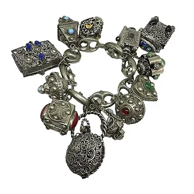 ETRUSCAN Revival Italy Italian 800 Silver Gemstone Glass CHARM  Bracelet Vintage • $625