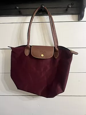 Longchamp Burgandy Nylon And Brown Leather Le Pliage M Tote Bag EUC • $59.99
