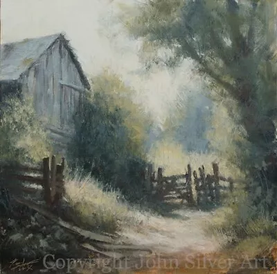 OLD BARN LANDSCAPE ORIGINAL FINE ART PAINTING 12  X 12  By Artist JOHN SILVER BA • £14.50