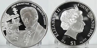 2016 John MacArthur Wool Industry Pioneer Sterling Silver $1 Coin Cook Islands • $31.47