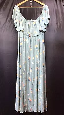 H&M Pale Green / Multi Floral Print Jersey Bardot Maxi Dress Size 20-22 Ex Con • £12.50