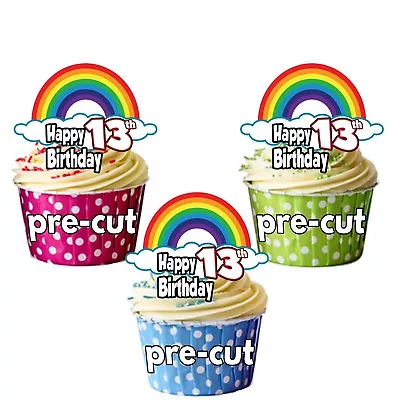 PRECUT Pretty Rainbow In Cloud 12 Cup Cake Toppers Birthday Decorations ANY AGE • £3.75