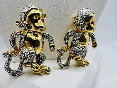 Vintage Pair Monkey Pins Brooch Gold Tone Silver Tone Rhinestone Eyes • $24.99