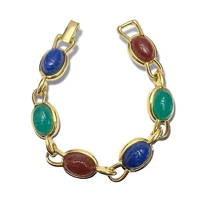 Vintage TRIFARI Egyptian Revival Scarab Goldtone Link Bracelet • $34.99