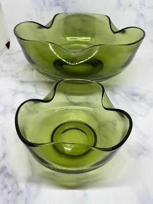 Vintage Anchor Hocking Accent Modern Avocado Green Glass Bowls Chip And Dip Set • $14.99