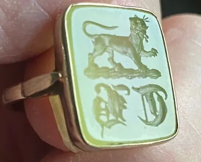 £550 • Buy Mens 18ct Gold Intaglio Ring Antique Pale Green With Lion And Initials 