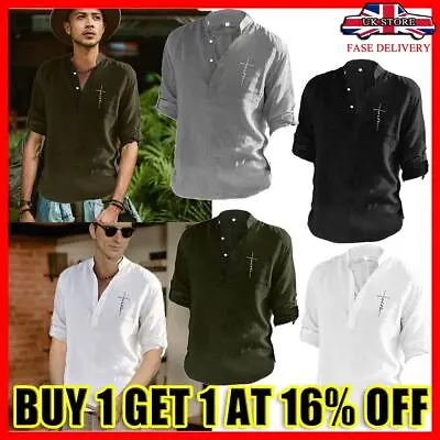 Men's Shirts Short Sleeve Polyester Summer Solid Loose Casual Dress Shirt Tops • £7.08