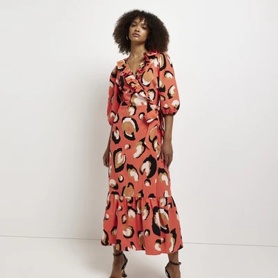 £10 • Buy River Island Womens Maxi Dress Coral Wilma Leopard Print V Neck Half Sleeve