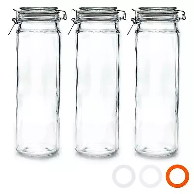 3x Glass Spaghetti Jars With Airtight Clip Lid 2L Set Black Seal • $36.50