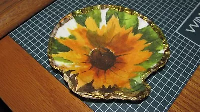 Sunflower Decoupaged Large Scallop Shell Jewelry Trinket Dish  HANDMADE See Desc • $6.99