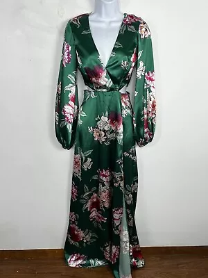 Asos Dress Sz 4 Satin Green Floral Cut Out Sides Long Sleeves Maxi Side Slit • $35